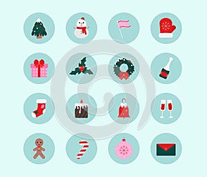 A set of Christmas icons, a set of stickers. Vector set of stickers for design, social networks. Christmas tree, snowman, gift